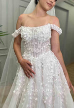 Off the Shoulder A-Line Court Train Tulle Wedding Dresses with Appliques