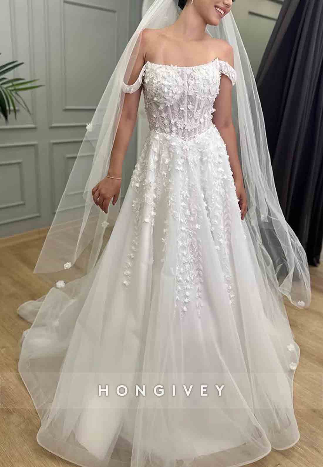 Off the Shoulder A-Line Court Train Tulle Wedding Dresses with Appliques