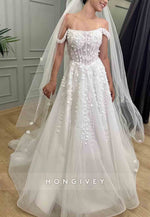 Off the Shoulder A-Line Court Train Tulle Wedding Dresses with Appliques