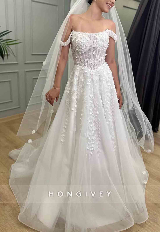 Off the Shoulder A-Line Court Train Tulle Wedding Dresses with Appliques