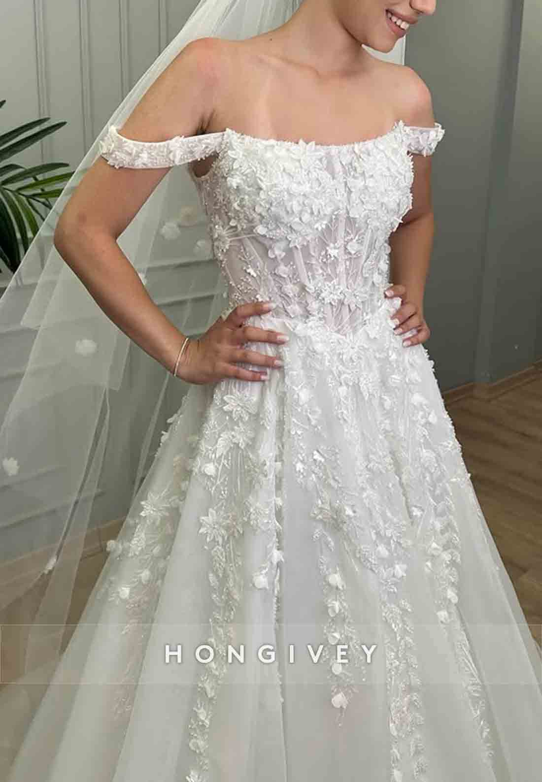 Off the Shoulder A-Line Court Train Tulle Wedding Dresses with Appliques