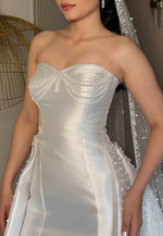 Satin A-Line Sweetheart Court Train Strapless Empire Wedding Dresses with Pearls