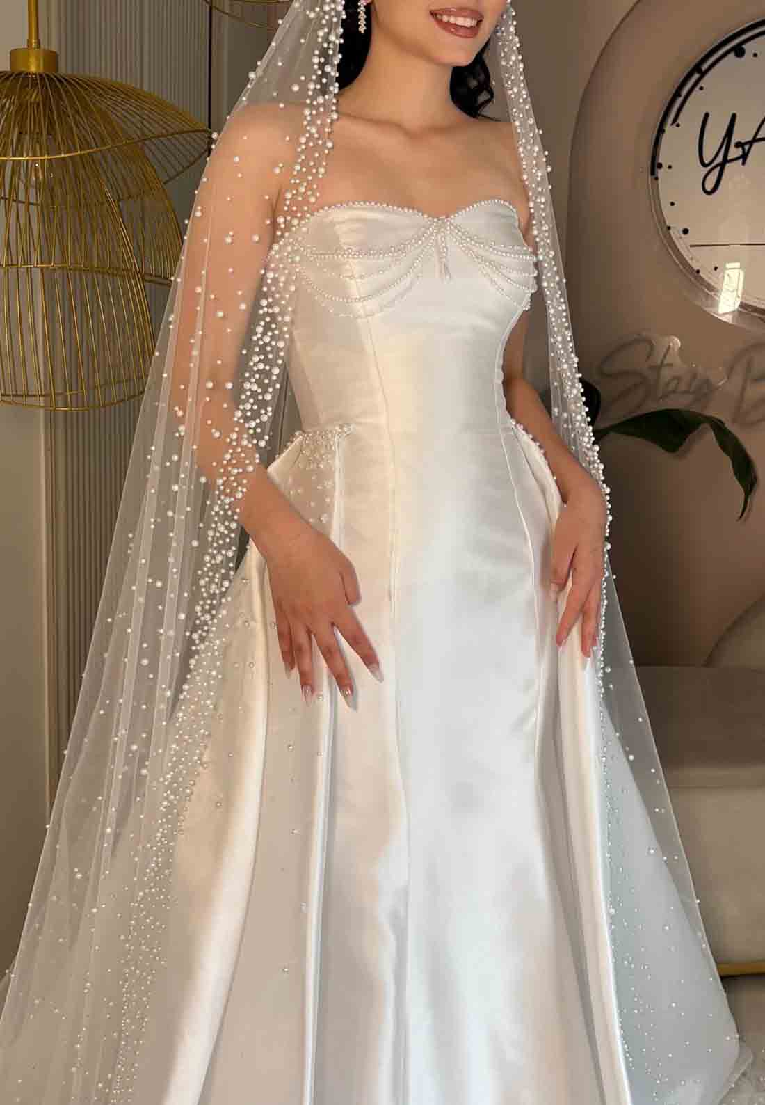 Satin A-Line Sweetheart Court Train Strapless Empire Wedding Dresses with Pearls