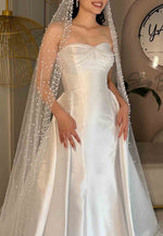 Satin A-Line Sweetheart Court Train Strapless Empire Wedding Dresses with Pearls