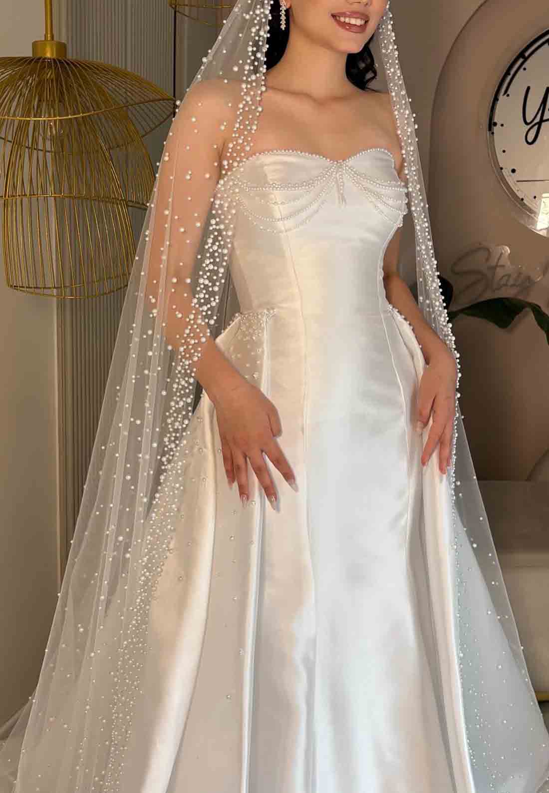 Satin A-Line Sweetheart Court Train Strapless Empire Wedding Dresses with Pearls