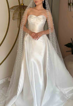 Satin A-Line Sweetheart Court Train Strapless Empire Wedding Dresses with Pearls