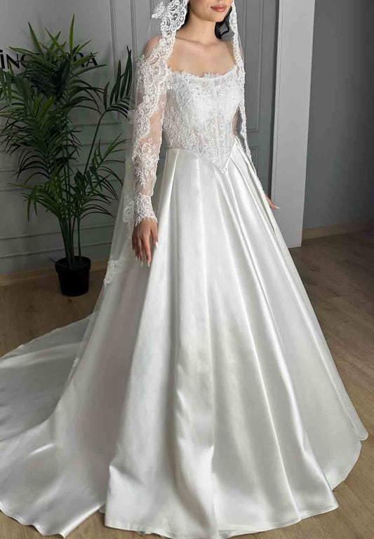 Satin Lace A-Line Court Train Long Sleeves Off the Shoulder Empire Wedding Dresses