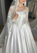 Off the Shoulder Lace Long Sleeves Satin A-Line Court Train Empire Wedding Dresses