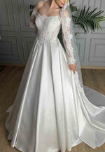 Satin Lace A-Line Court Train Long Sleeves Off the Shoulder Empire Wedding Dresses