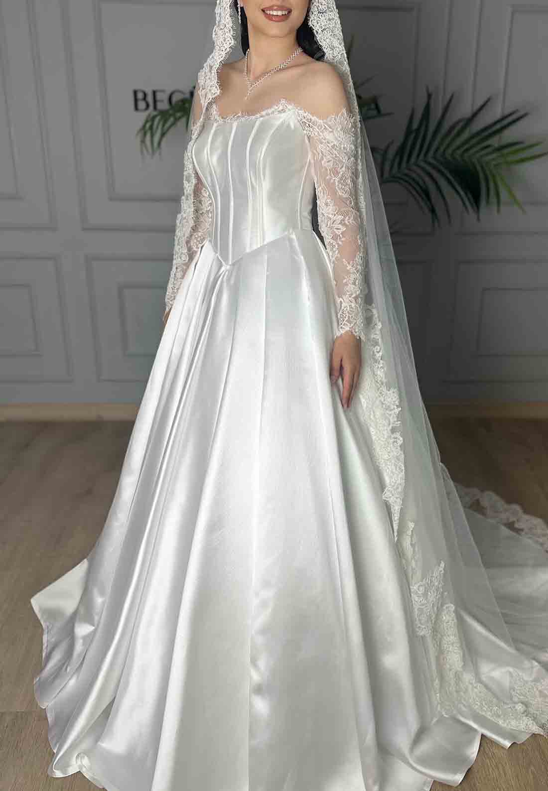 Off the Shoulder Lace Long Sleeves Satin A-Line Court Train Empire Wedding Dresses