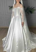 Off the Shoulder Lace Long Sleeves Satin A-Line Court Train Empire Wedding Dresses
