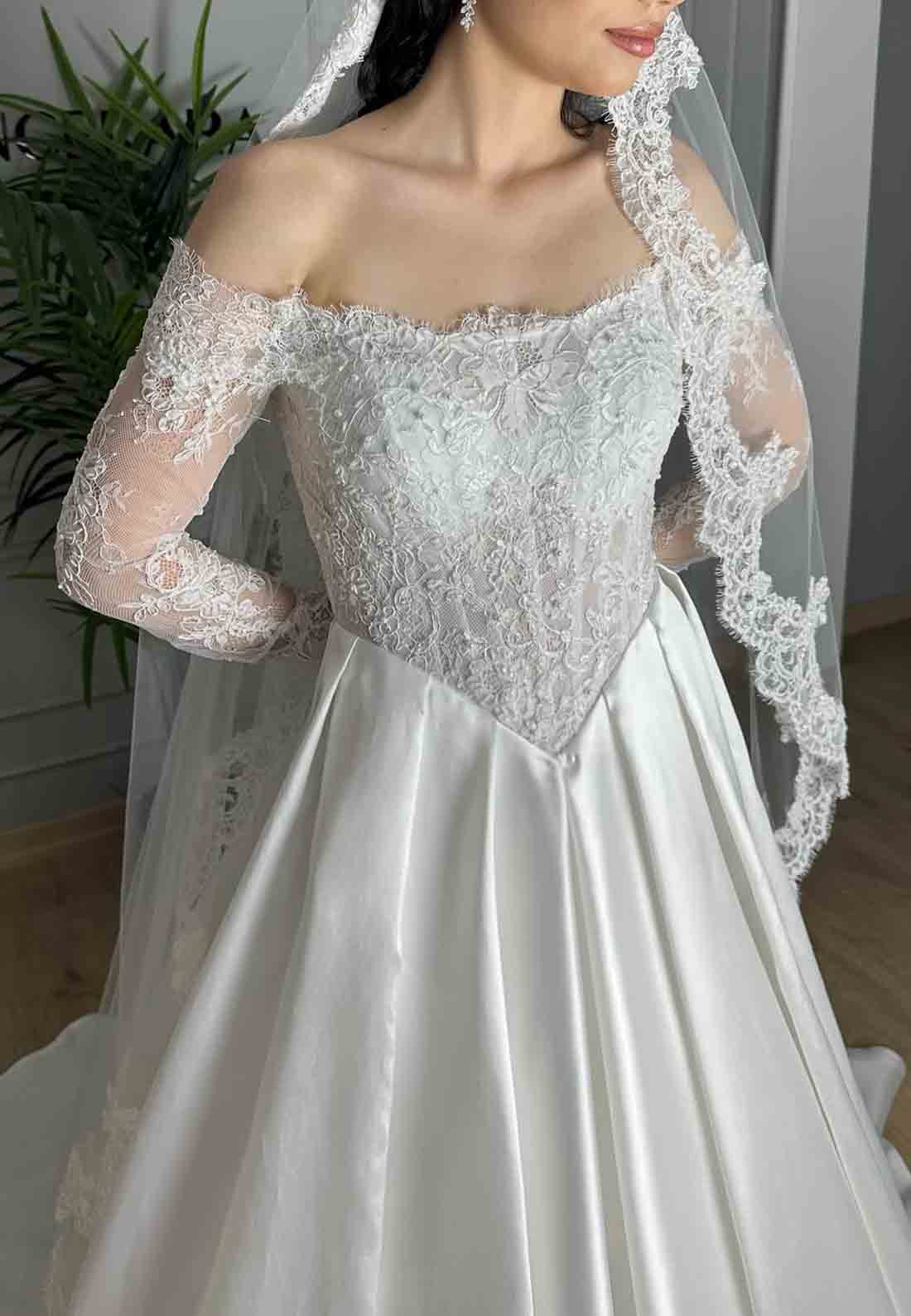 Satin Lace A-Line Court Train Long Sleeves Off the Shoulder Empire Wedding Dresses