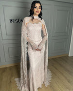 Exquisite Pink Halter Shawl Floor-Length Lace Mermaid Foraml Evening Dress