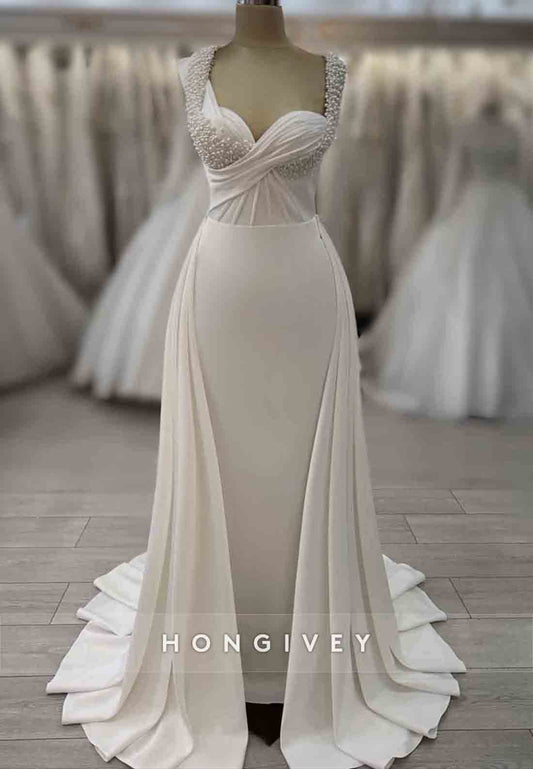 Sheath ruffles Sweep Train Pearls Beading Sleeveless Sweetheart Cap Straps Wedding Dresses