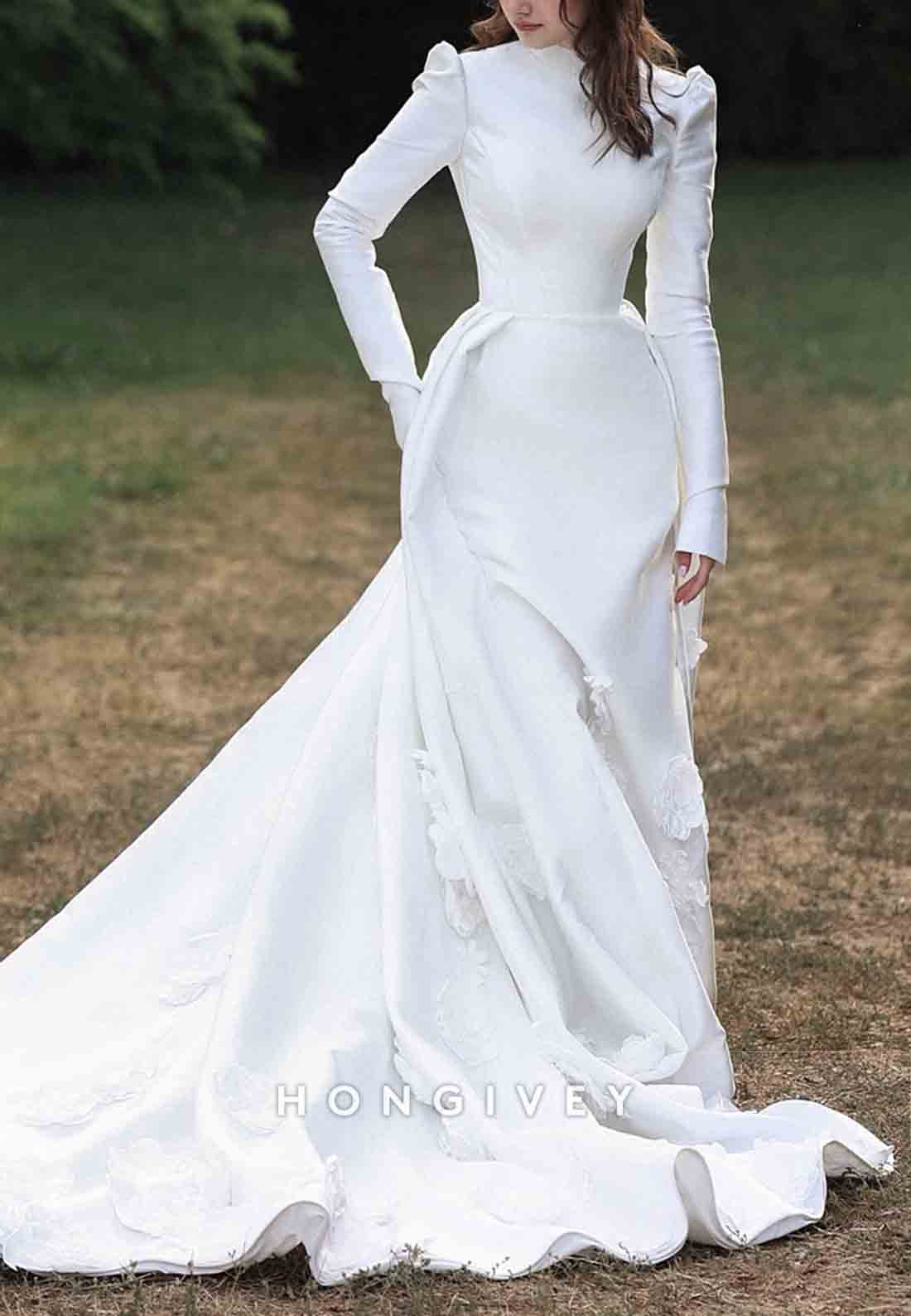 Detachable Pleated High Neck Flowers Long Sleeves Pleated Wedding Dresses