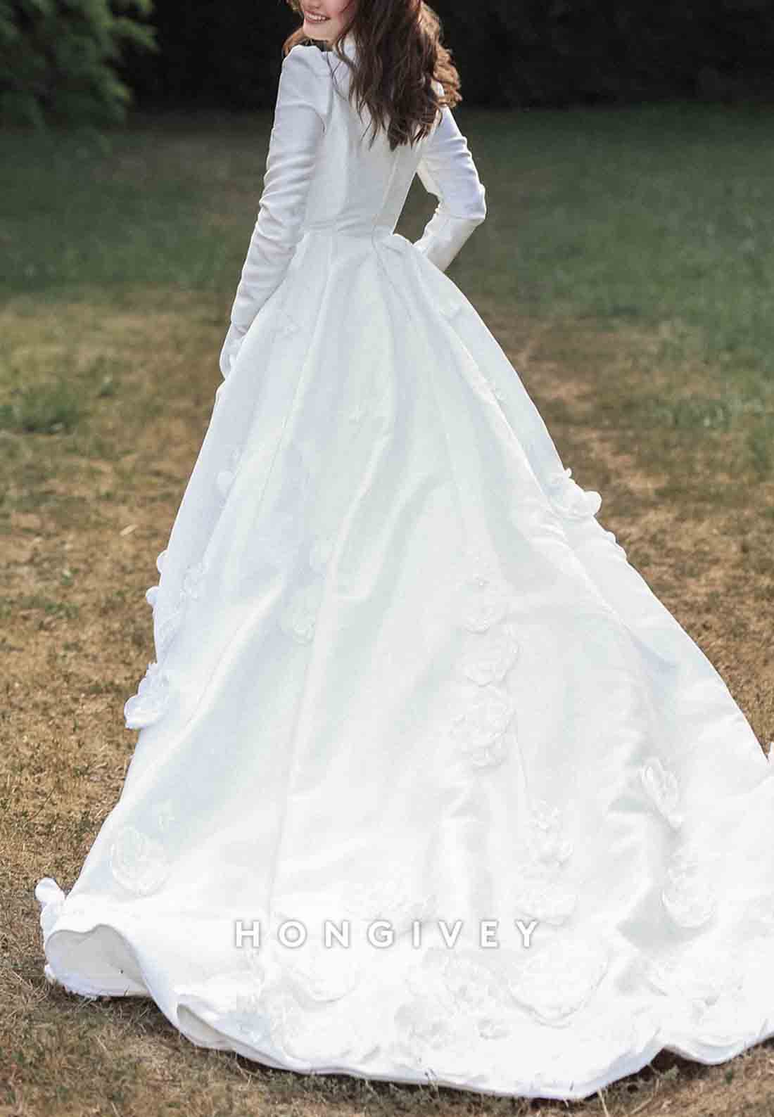 Detachable Pleated High Neck Flowers Long Sleeves Pleated Wedding Dresses