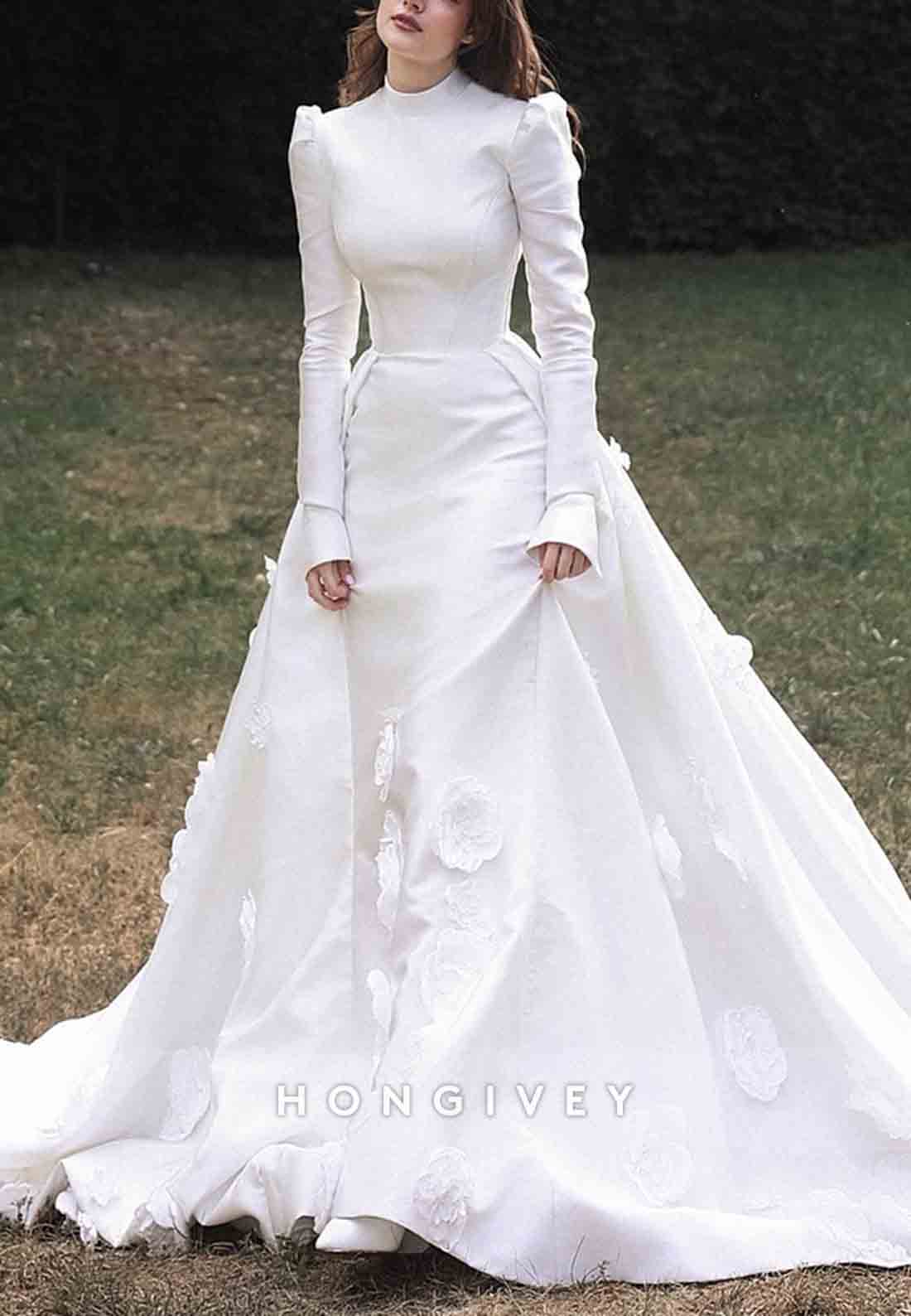 Detachable Pleated High Neck Flowers Long Sleeves Pleated Wedding Dresses