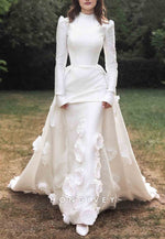 Detachable Pleated High Neck Flowers Long Sleeves Pleated Wedding Dresses