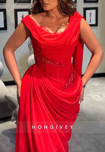 Red Cowl Neck Sleeveless Floor-Length Side Draping Evening Gowns with Ruffles