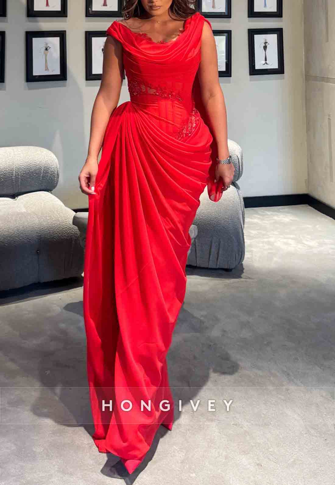 Red Cowl Neck Sleeveless Floor-Length Side Draping Evening Gowns with Ruffles