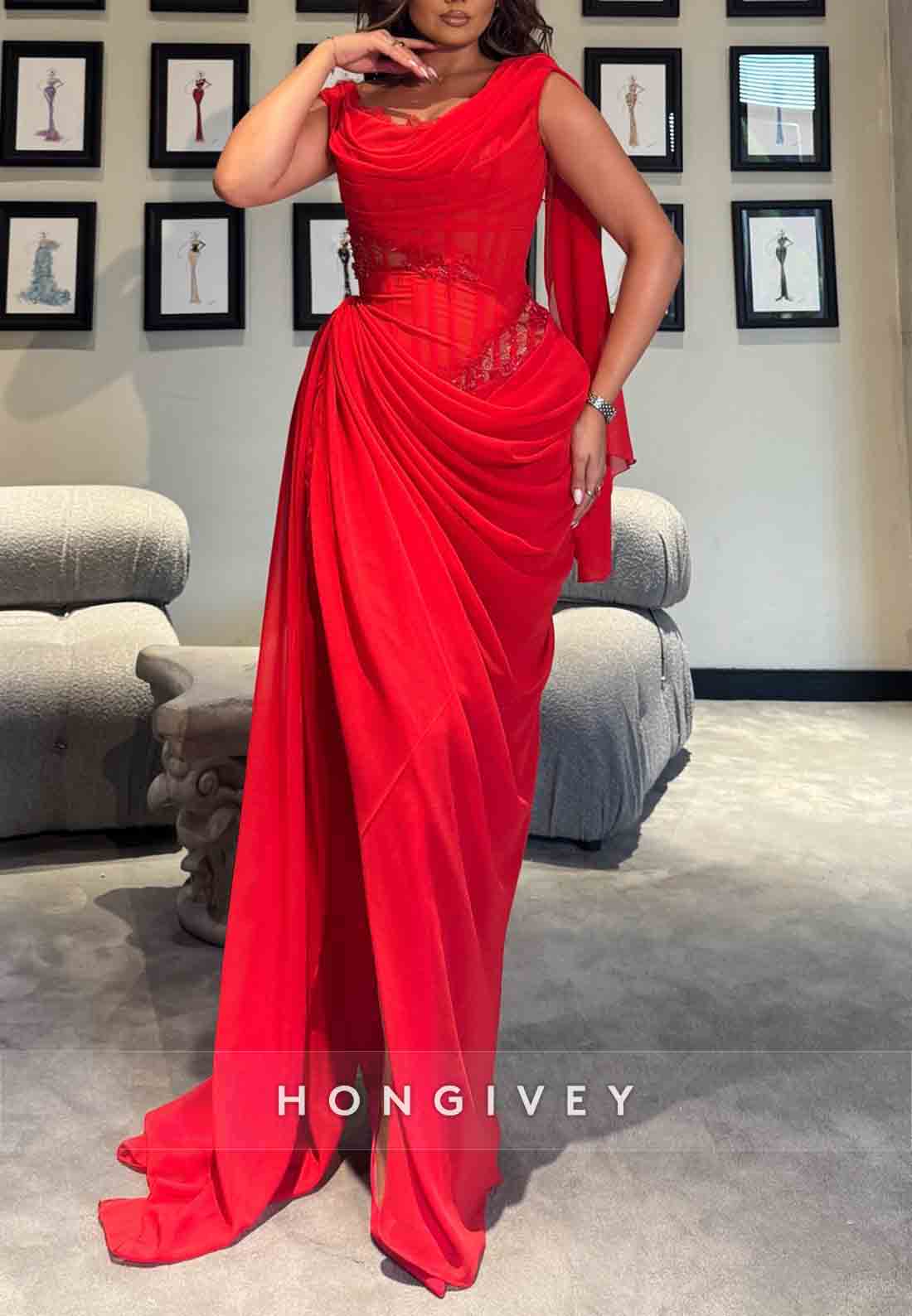 Red Cowl Neck Sleeveless Floor-Length Side Draping Evening Gowns with Ruffles