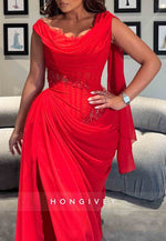 Red Cowl Neck Sleeveless Floor-Length Side Draping Evening Gowns with Ruffles
