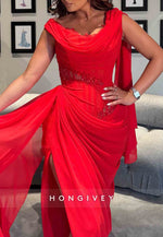 Red Cowl Neck Sleeveless Floor-Length Side Draping Evening Gowns with Ruffles