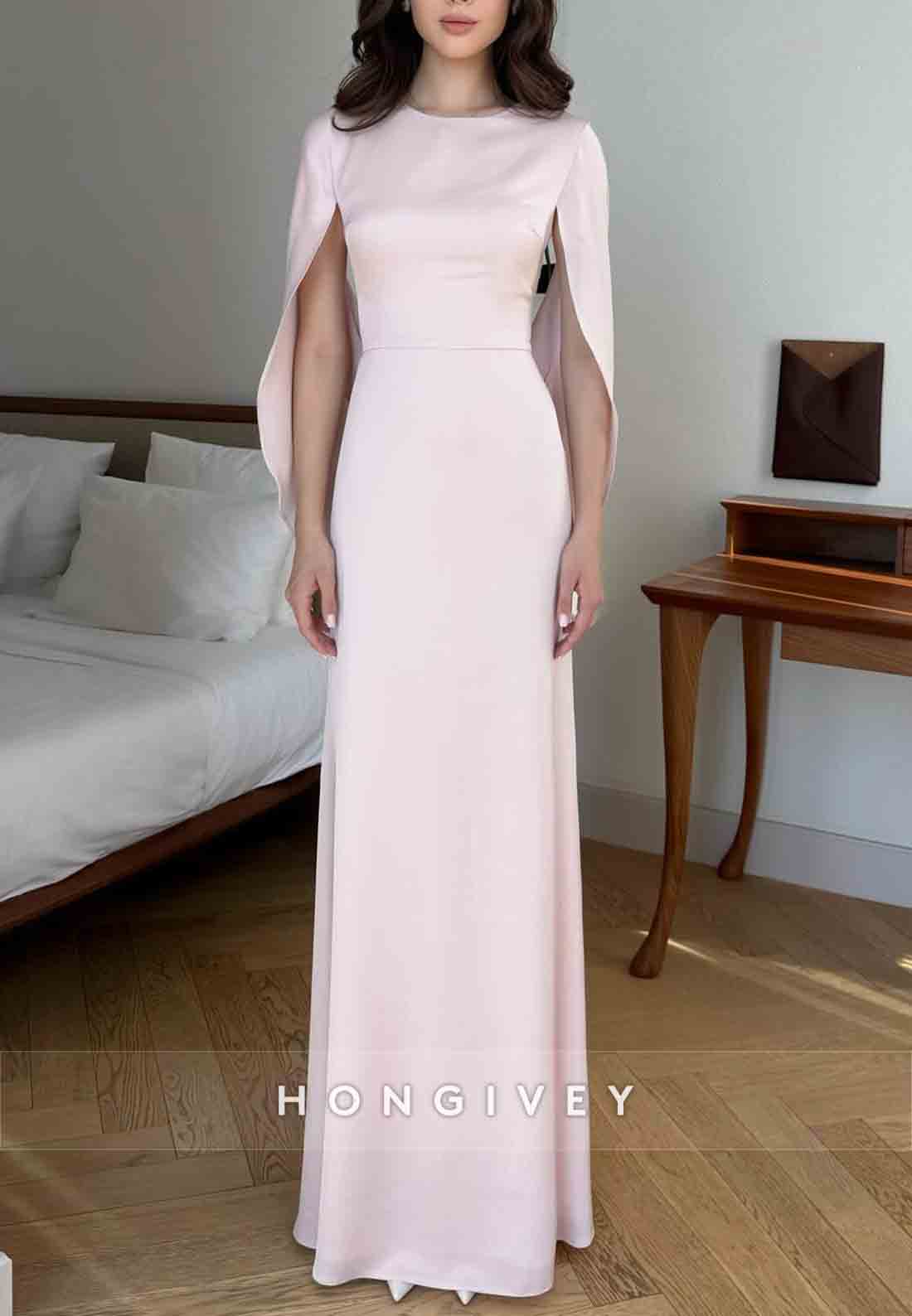 Pale Blush Simple Shawl Floor-Length Satin Pleated Column Evening Gowns