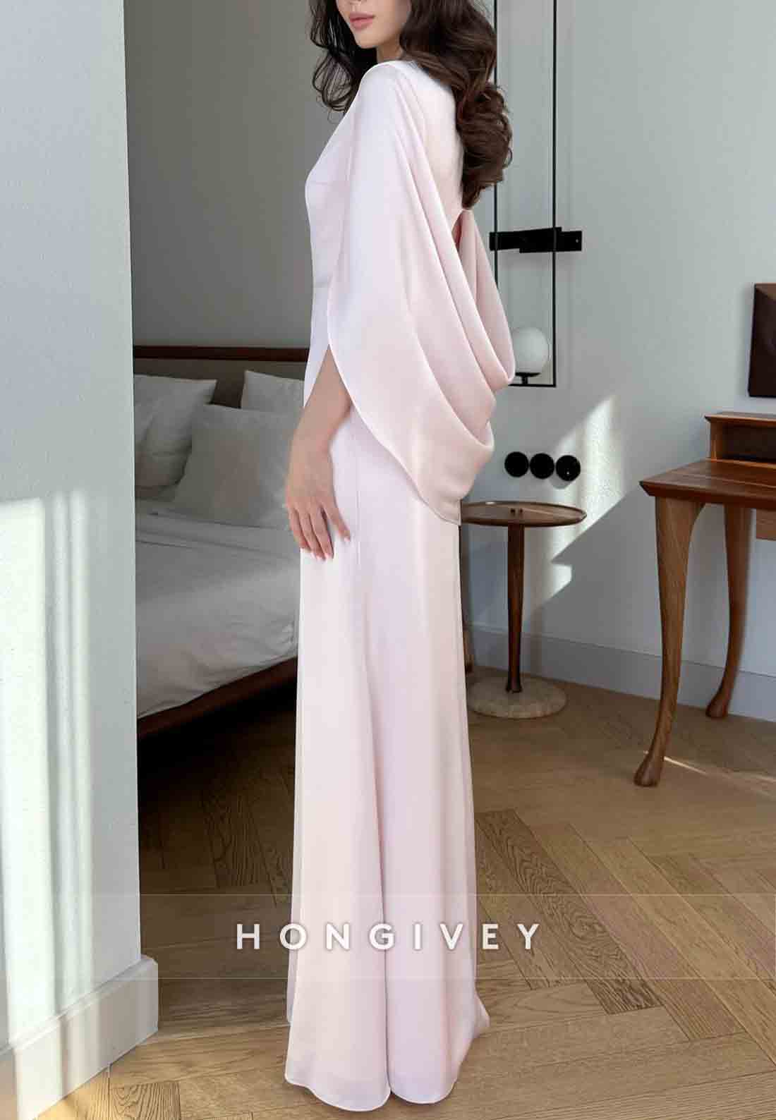 Pale Blush Simple Shawl Floor-Length Satin Pleated Column Evening Gowns
