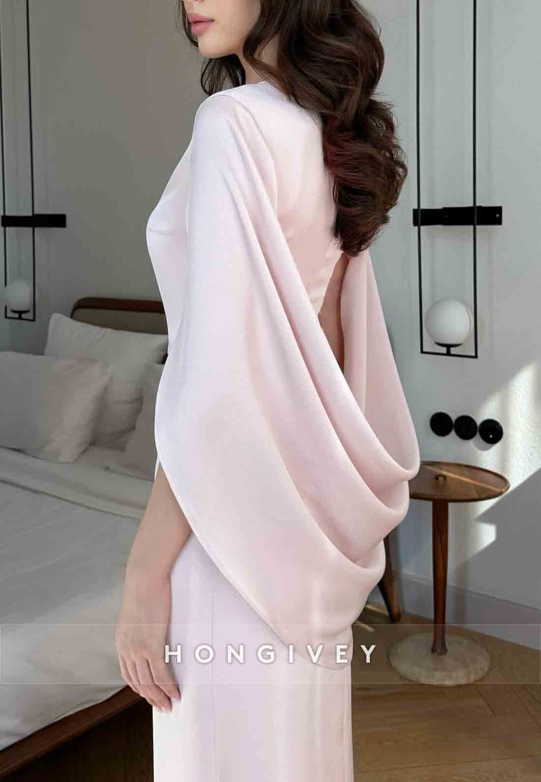 Pale Blush Simple Shawl Floor-Length Satin Pleated Column Evening Gowns