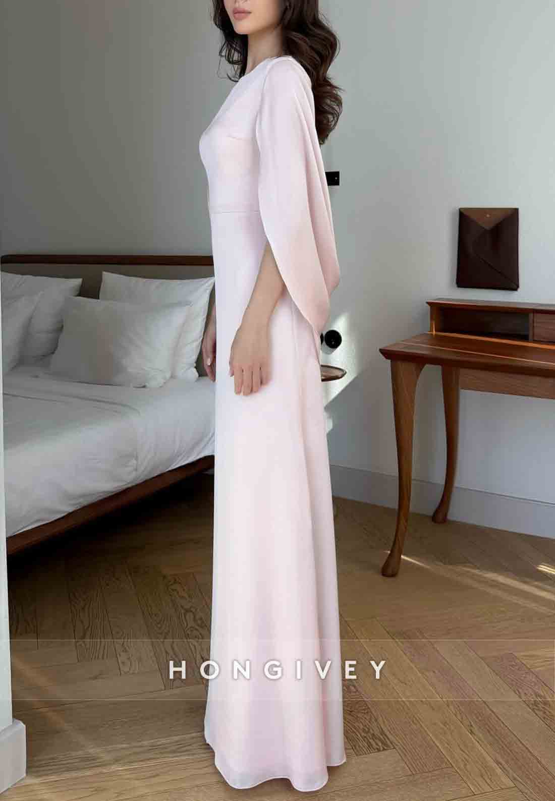 Pale Blush Simple Shawl Floor-Length Satin Pleated Column Evening Gowns