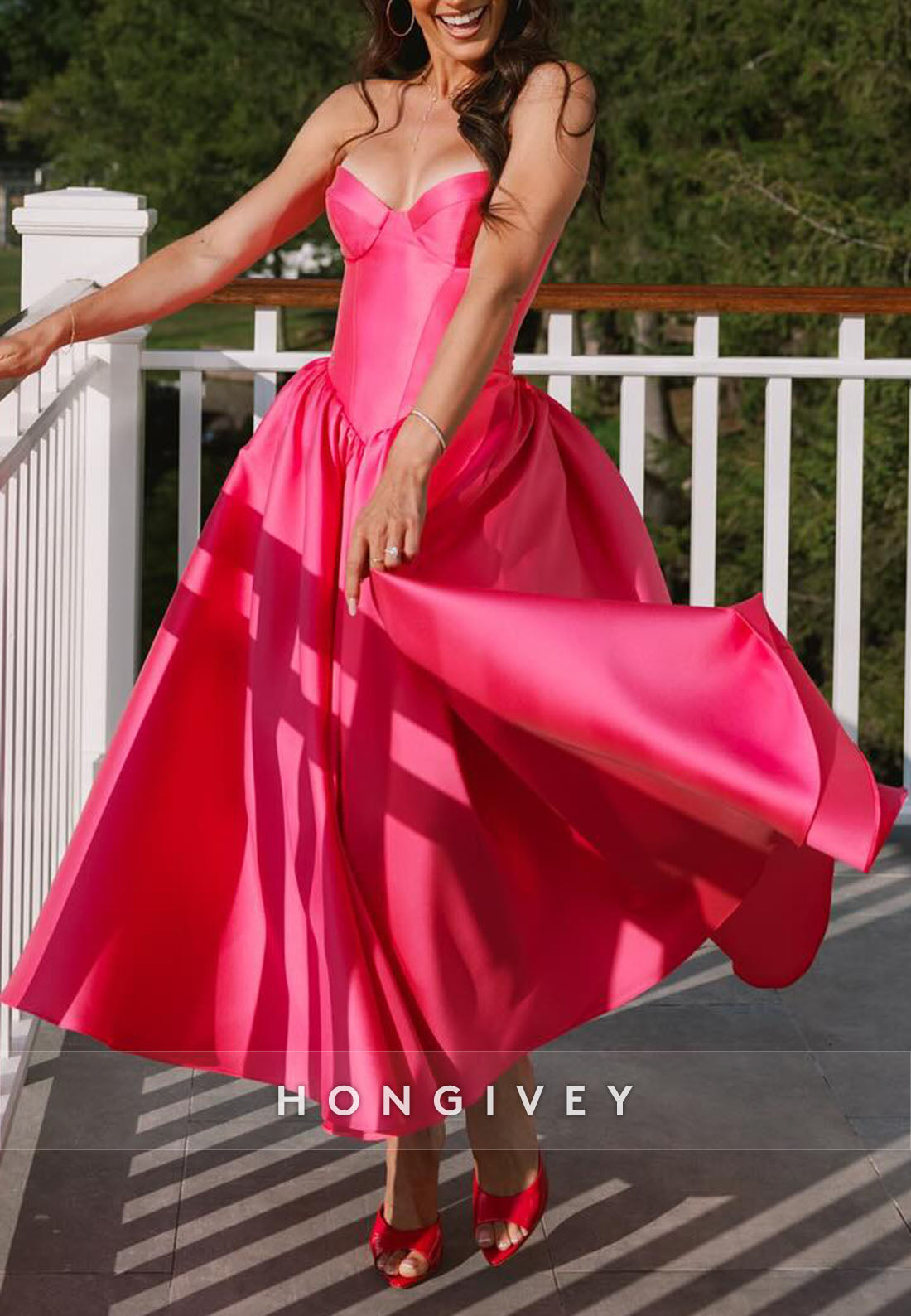 Fuchsia Ankle-Length Crisscross Back A-Line Strapless Satin Empire Evening Gowns