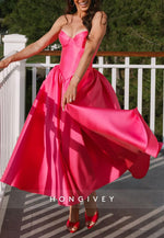 Fuchsia Ankle-Length Crisscross Back A-Line Strapless Satin Empire Evening Gowns