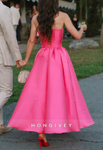 Fuchsia Ankle-Length Crisscross Back A-Line Strapless Satin Empire Evening Gowns