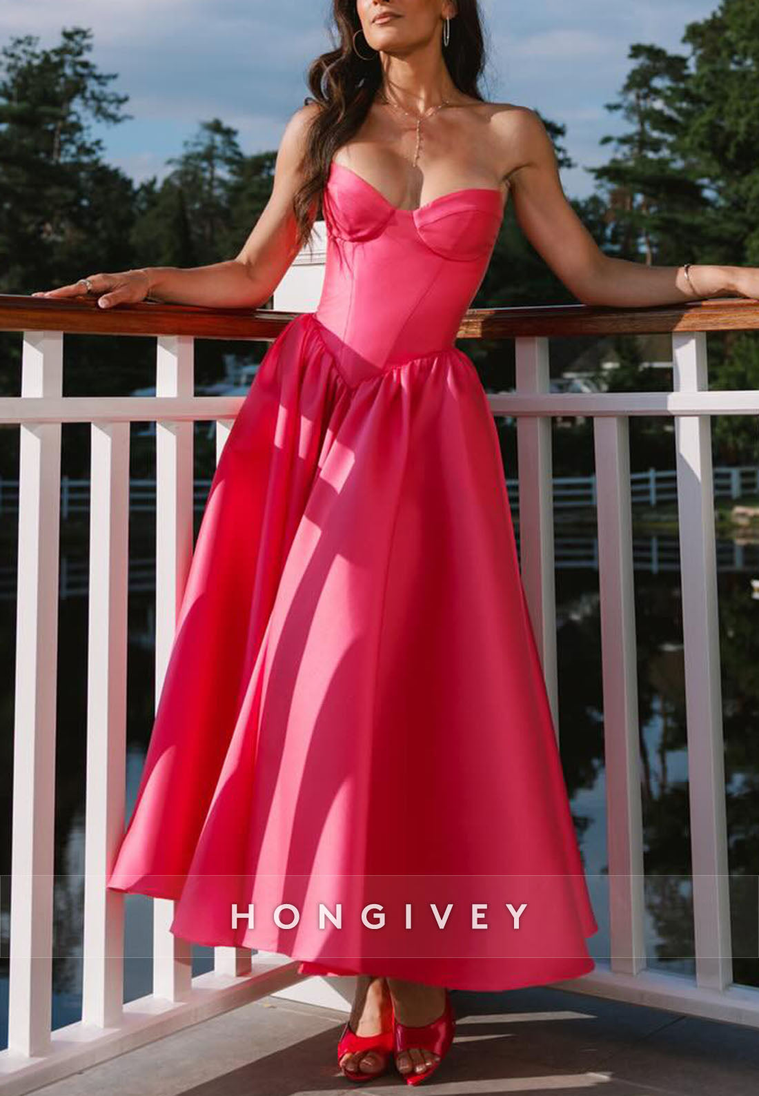 Fuchsia Ankle-Length Crisscross Back A-Line Strapless Satin Empire Evening Gowns