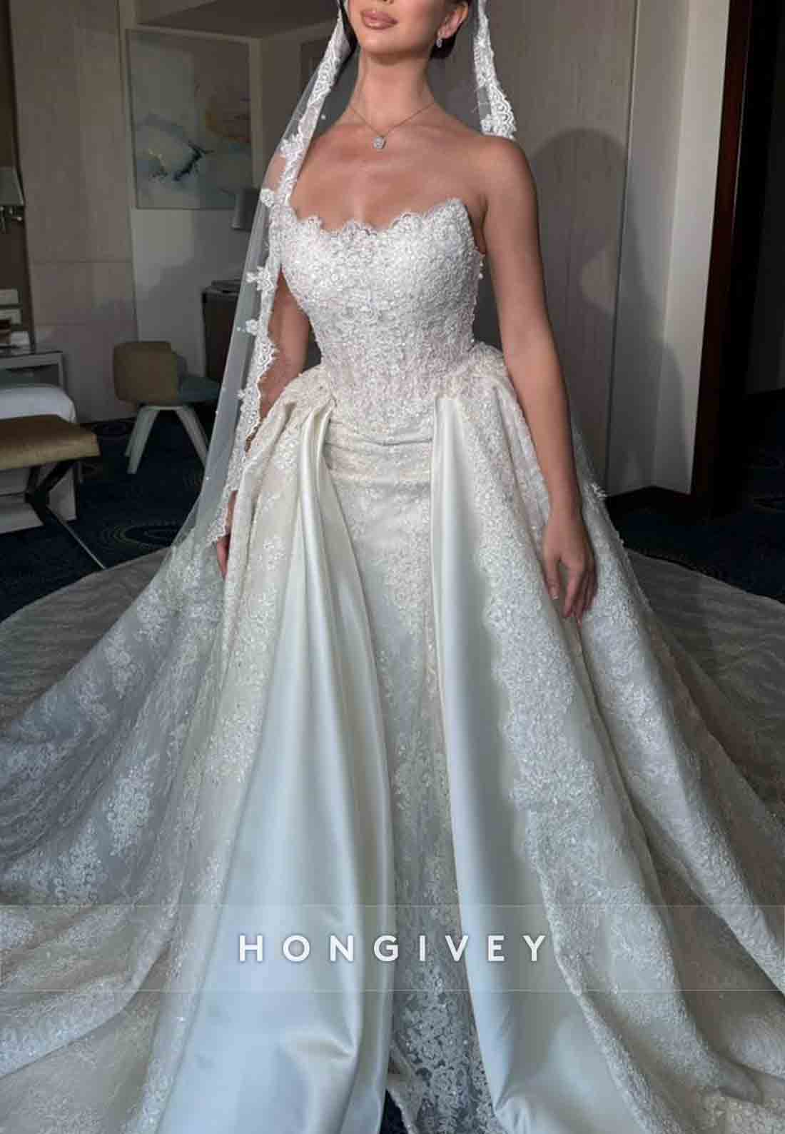 Strapless A-Line Lace Satin Chapel Train Wedding Dresses with Beading