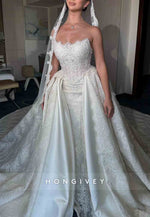 Strapless A-Line Lace Satin Chapel Train Wedding Dresses with Beading