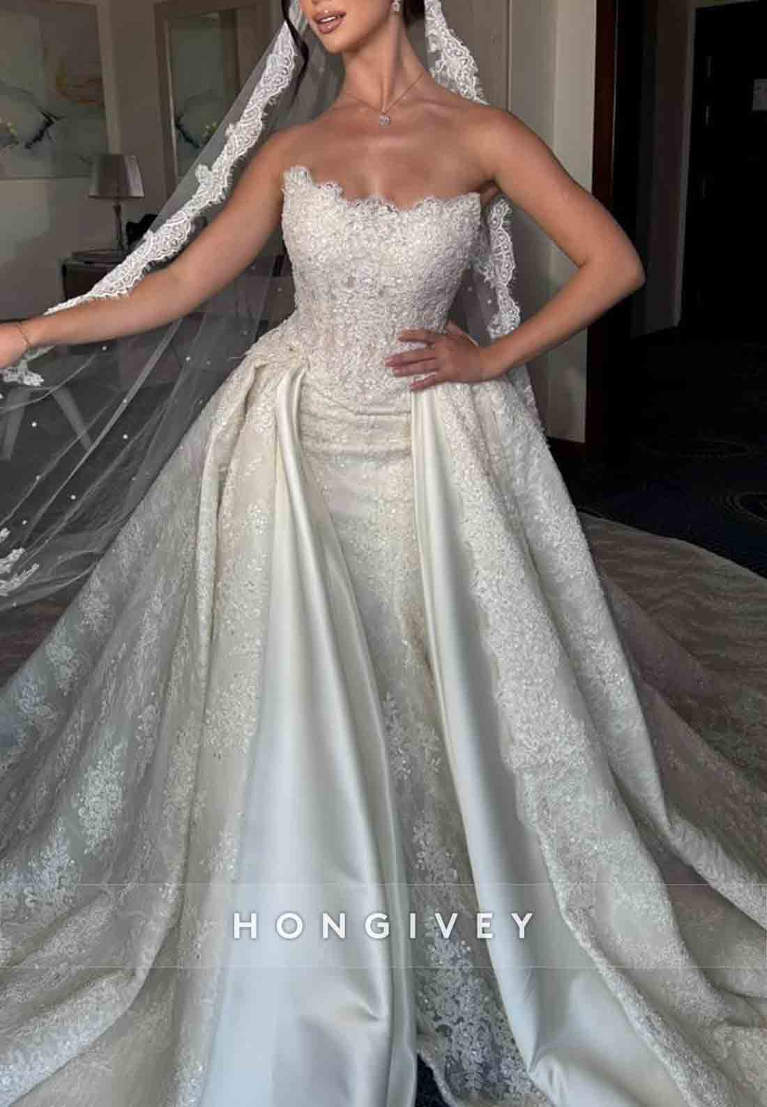 Strapless A-Line Lace Satin Chapel Train Wedding Dresses with Beading