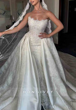Strapless A-Line Lace Satin Chapel Train Wedding Dresses with Beading