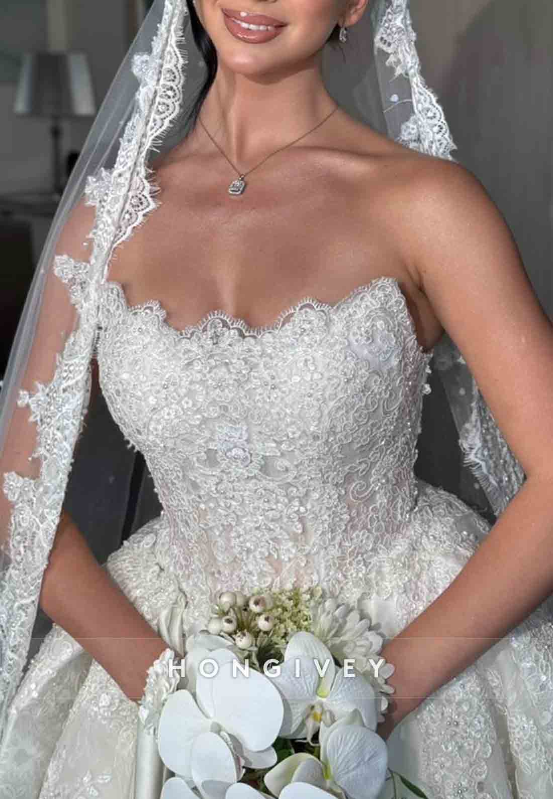 Strapless A-Line Lace Satin Chapel Train Wedding Dresses with Beading