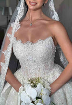 Strapless A-Line Lace Satin Chapel Train Wedding Dresses with Beading