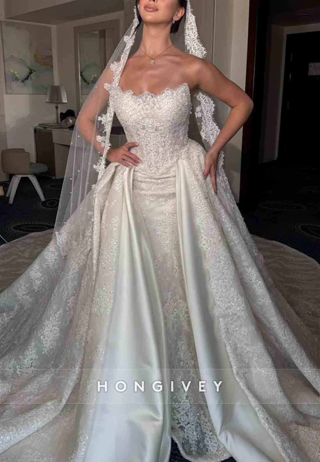 Strapless A-Line Lace Satin Chapel Train Wedding Dresses with Beading