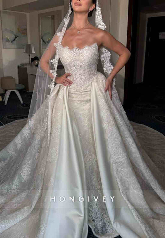 Strapless A-Line Lace Satin Chapel Train Wedding Dresses with Beading
