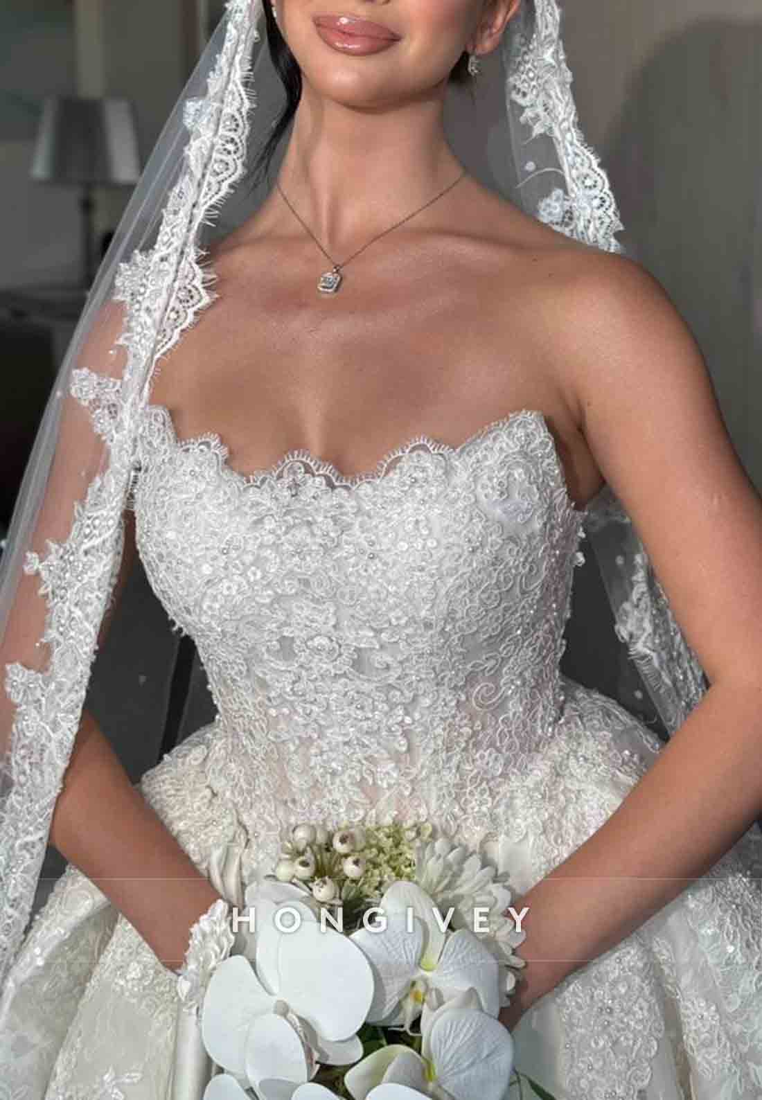 Strapless A-Line Lace Satin Chapel Train Wedding Dresses with Beading