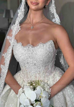 Strapless A-Line Lace Satin Chapel Train Wedding Dresses with Beading