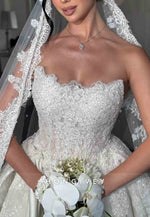 Strapless A-Line Lace Satin Chapel Train Wedding Dresses with Beading
