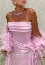 Pink Strapless Sweep Train Satin Evening Gowns with Feather Cape