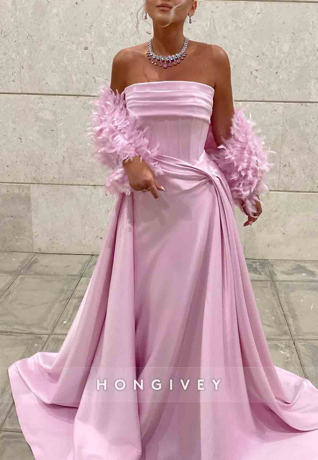 Pink Strapless Sweep Train Satin Evening Gowns with Feather Cape