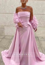 Pink Strapless Sweep Train Satin Evening Gowns with Feather Cape
