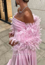 Pink Strapless Sweep Train Satin Evening Gowns with Feather Cape